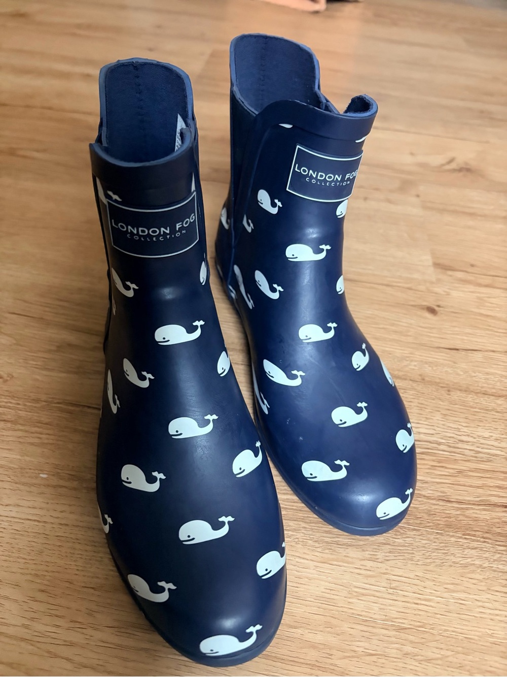 London Fog Navy Rain Boots with Whale Print